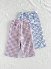 SHEIN Vintaside Kids 2 件套婴儿/女婴舒适休闲格子阔腿裤套装，适合春、夏、秋季日常穿着 - 彩色 - 查看 2