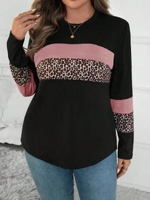 SHEIN LUNE 大码女式豹纹拼接圆领休闲长袖T恤，秋季猎豹印花女式上衣 - 粉色 - 查看 6