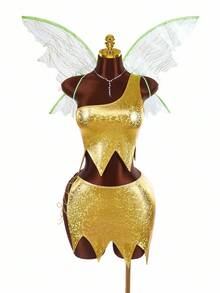 Amplova 1 套女式金属无袖不对称下摆上衣和迷你裙性感两件套服装 - 金色 - 查看 6