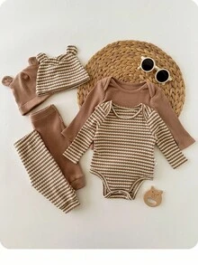 SHEIN 新生女宝宝可爱休闲针织弹力长袖连体衣，卡通印花，搭配裤子和帽子，秋冬季