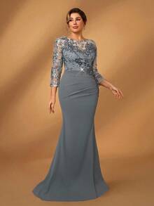 Serin 加大码优雅奢华黑色圆领透明中袖蕾丝刺绣褶饰开衩鱼尾连衣裙，适合婚礼、单身派对、度假、庆典、孕妇正装（重度装饰） - 灰色 - 查看 3