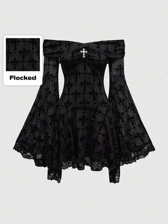 Romantic Retro Palace Gothic Cross Flocked Off Shoulder Dress