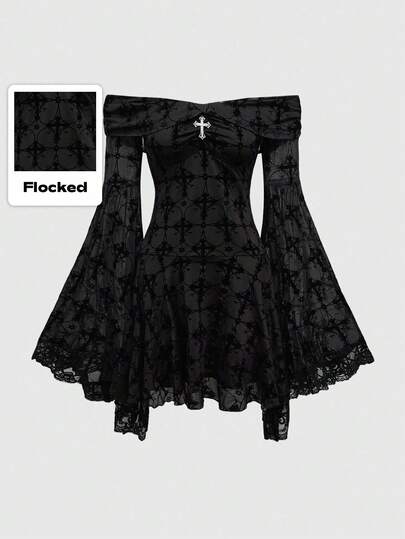 Goth Vestido romántico de hombros descubiertos con estampado retro de cruz gótica de palacio