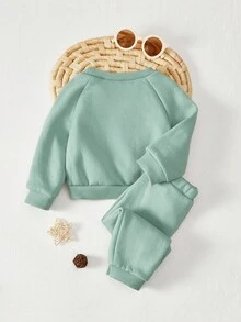 Cozy Pixies 2pcs Baby Boy Cute Bear Embroidered Crew Neck Sweatshirt And Jogger Pants Set - Green - View 2