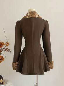 Sweetra Áo khoác cổ chữ V họa tiết da báo dành cho nữ, Thu/Đông - Cà phê nâu - Xem 2