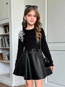 SHEIN 2pcs Tween Girls Casual Elegant Rhinestone Embroidered Knit Top And PU Skirt Set, Suitable For Christmas, Daily Wear - Black - View 4