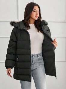 EURMUSE Zipper Front Plus Size Hooded Puffer Jacket – Street-Style Bubble Coat For Cold Weather - Black - View 8