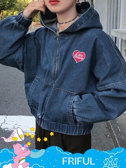 SHEIN X Care Bears FRIFUL Women's Casual Fashion Street Style Heart & Letter Graphic Drop Shoulder Zipper Pockets Splice Hooded Denim Jacket, Spring/Autumn