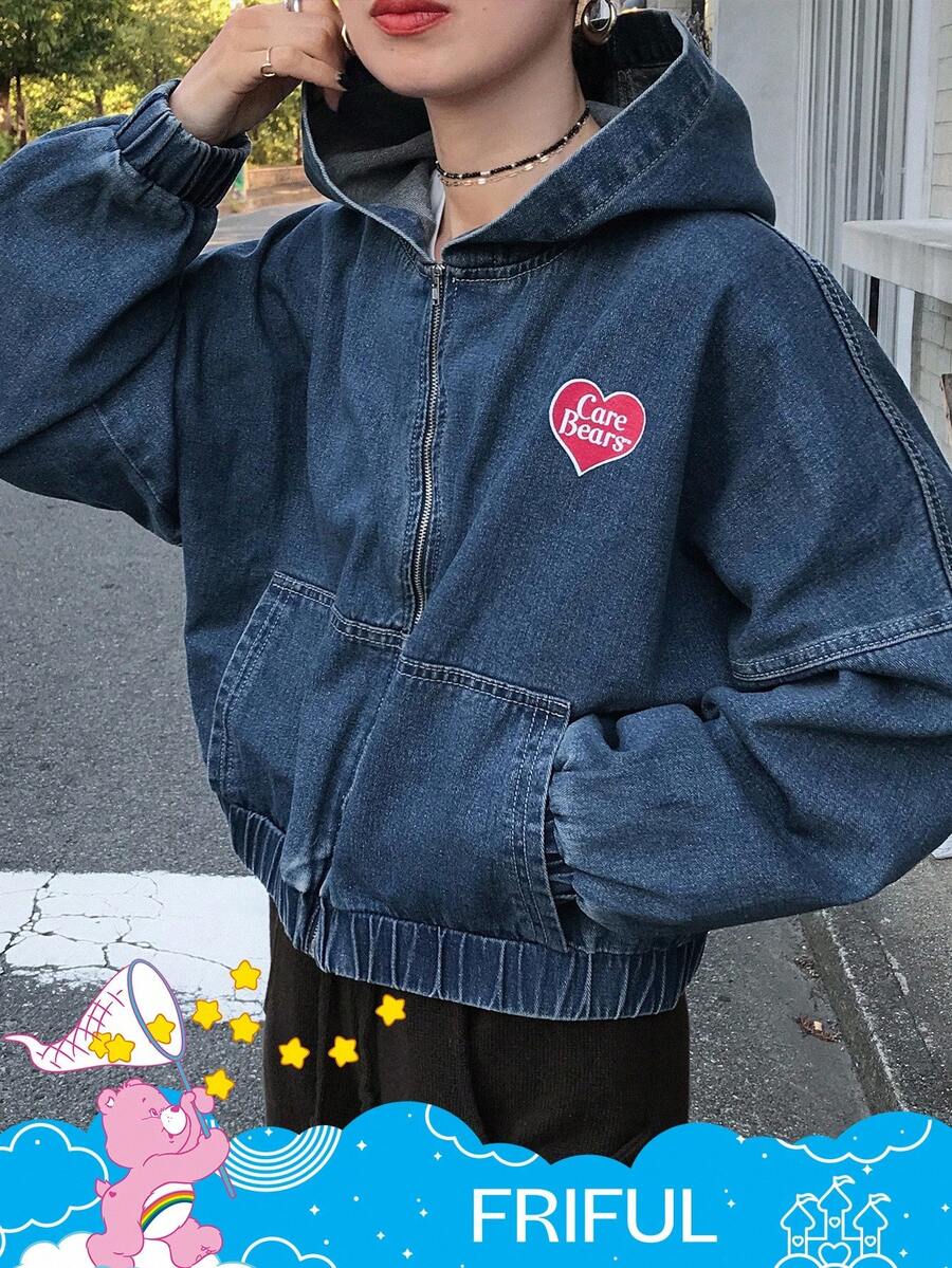 SHEIN X Care Bears FRIFUL Women's Casual Fashion Street Style Heart & Letter Graphic Drop Shoulder Zipper Pockets Splice Hooded Denim Jacket, Spring/Autumn - Blue - View 1