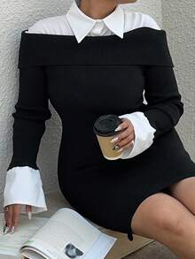 Dazy Plus Đầm len ngắn màu đen ôm sát, co giãn, gợi cảm, cỡ lớn dành cho nữ, mùa thu/đông - màu đen - Xem 7