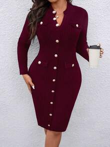 Elenzga Váy suông cổ chữ V dài vừa phải, thanh lịch, ôm sát, cài một hàng khuy cỡ lớn - Màu Đỏ Sâu - Xem 4