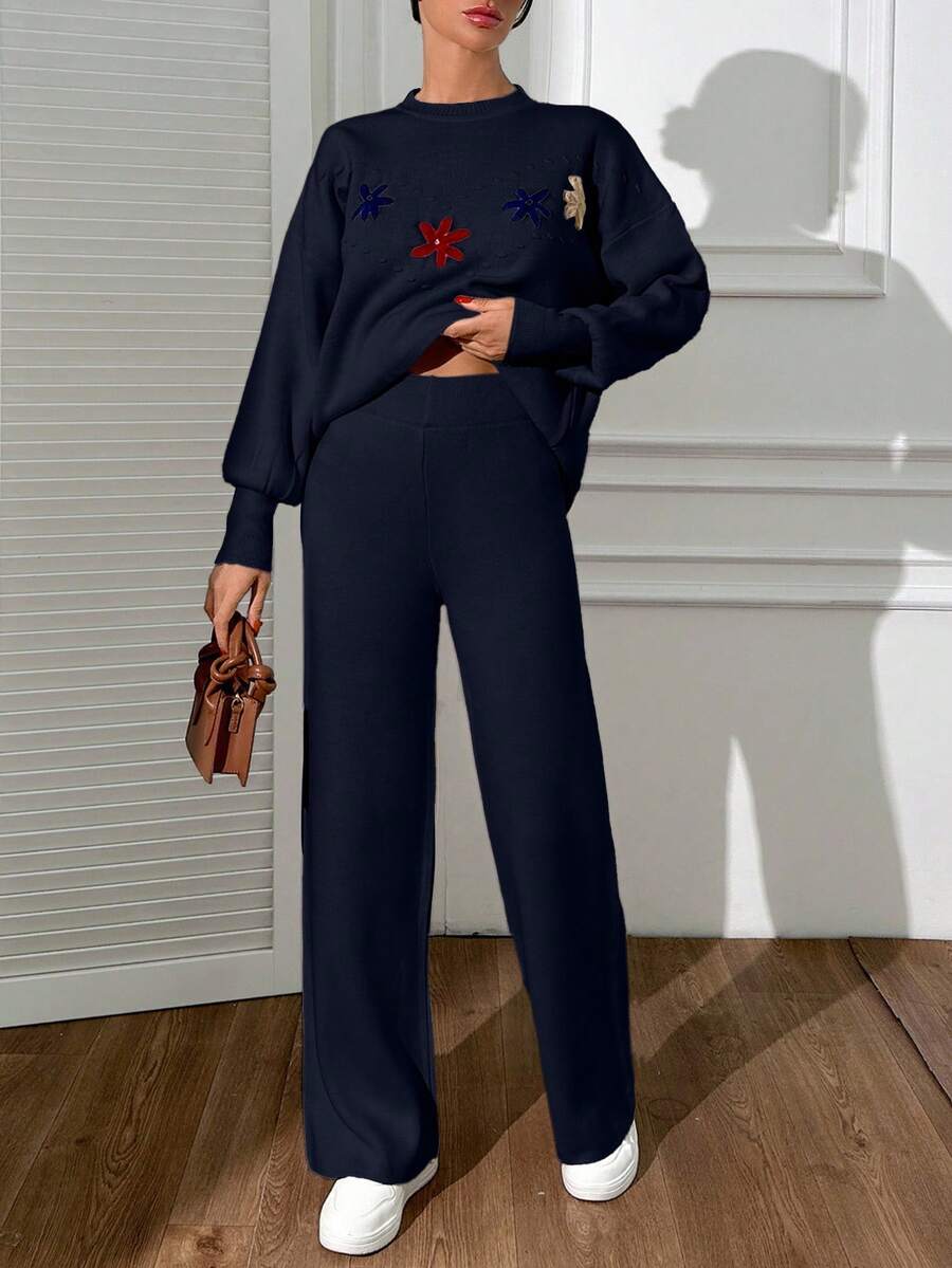 EURMUSE Cardigan Flower Detail Pullover Set Sweater Co-Ord +700 - Navy Blue - View 1