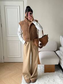 SHEIN EZwear 女式纯色无袖夹棉背心夹克，学院风，冬季 - 咖啡棕 - 查看 6