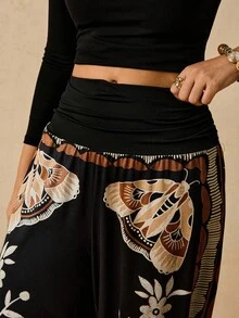 Travachic Plus Size Bohemian Casual Vacation Autumn Retro Print Loose Wide Leg Pants, Women Drawstring Knit Relaxed Trousers