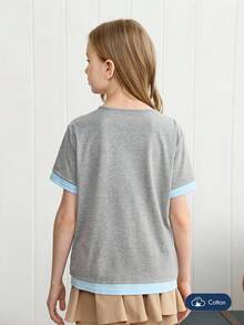 Joliand Joliand 1 件年轻女孩优雅都市休闲百搭狗狗装饰拼布灰色和浅蓝色圆领短袖 T 恤，适合返校、旅行、日常、夏季和秋季 - 彩色 - 查看 3