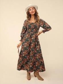 Coeurva Floral Print Square Neck Flounce Sleeve Ruffle Hem Dress - Green - View 4