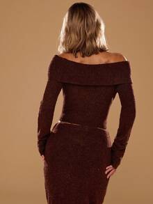 SHEIN BAE Áo len crop dáng ôm, màu trơn thanh lịch, hở vai, thích hợp cho nữ mùa thu, áo len mùa thu, áo len nữ mùa đông, áo len Halloween, áo len Giáng sinh, áo hở vai, áo len hở vai, áo kiểu dễ thương, áo sinh nhật cho nữ, áo len màu nâu. - Cà phê nâu - Xem 2