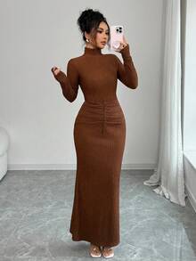 Rafferiza Vestido de punto elástico con cuello alto, manga larga y drapeado, versátil y sexy para el otoño/invierno