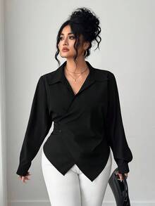Elenzga Plus Size Women Solid Color Asymmetric Hem Wrap Elegant Long Sleeve Blouse