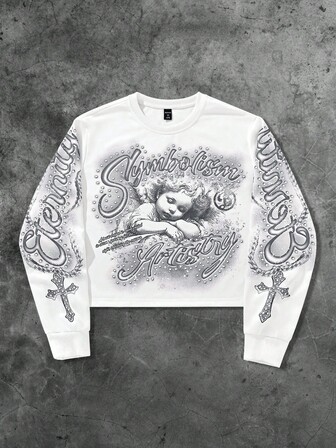 Goth Men's Letter & Cross Print Crew Neck White Long Sleeve Pullover Sweatshirt
