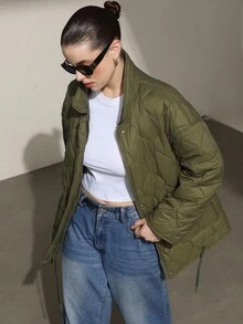 Aveloria Modichic Abrigo acolchado con cuello alto, unicolor, decorado con cinturón de cintura y patrón de diamantes para uso diario - Verde militar - Ver 5