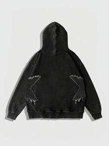 ROMWE MEN Street Life Sudadera casual con cordón deshilachado y estampado de estrellas para adolescentes, para otoño e invierno - Negro - Ver 2