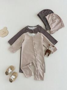 SHEIN 2pcs Baby Boys Striped Fleece Thickened Romper + Hat Set, Round Neck Warm Soft Fabric, Khaki & Coffee Color Korean Style Casual Versatile, Snap Button Design Easy To Wear, Long Sleeve & Pants Bodysuit Suitable For Outdoor In Winter, New Arrival Fall