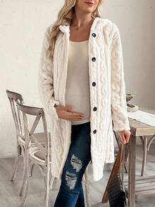SHEIN Maternity Regular Jacket, Long Sleeve Hooded Front Button Fluffy Thick Loose Coat - Beige - View 1