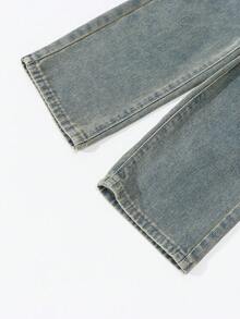 SHEIN 年轻女孩 Y2K 街头日常松紧腰直筒牛仔裤，配有扁平口袋，女孩日常 OOTD 服装 - 銅色 - 查看 6