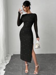 Firerie Đầm dài ôm sát xẻ tà cao thanh lịch dành cho nữ, màu trơn đính ngọc trai giả, xuân/thu - màu đen - Xem 3