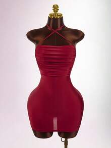 Amplova Y2K Amplova Women's Sexy Minimalist Solid Color Backless Ruched Bodycon Halter Neck Dress, Summer Slay Diva Dress Red Club Outfit Bodycon Dress Night Club Dress,Dresses For Women Party