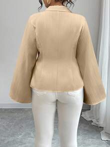 Elenzga 大码女式纯色长袖单排扣休闲/工作衬衫 - 卡其色 - 查看 2