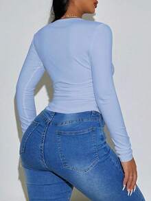 Zolique Women's Casual Everyday Solid Color Long Sleeve Ruched Fitted Cropped T-Shirt, Spring/Autumn - Blue - View 2