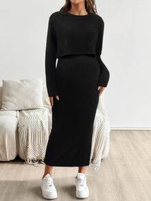 SHEIN 孕妇纯色圆领短袖上衣和裙子两件套 - 黑色 - 查看 3