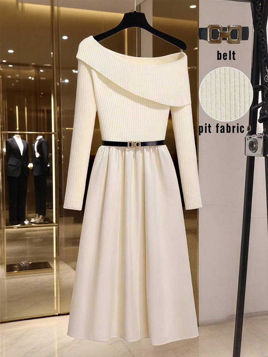 Franclia 法式美丽米色斜肩针织优雅轻奢优雅二合一拼接秋冬连衣裙聚会外出淑女装女装冬装女秋装女装 - 米色 - 查看 1