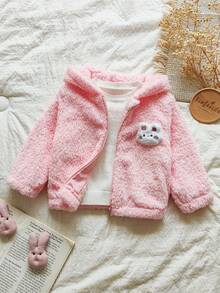 SHEIN Vintaside Kids 1 Áo khoác trùm đầu mùa đông cho bé gái, màu hồng ngọt ngào với họa tiết thỏ 3D ở mặt trước, họa tiết dễ thương, dáng rộng thoải mái, thích hợp cho hoạt động ngoài trời, thường ngày, thể thao - Hồng - Xem 3