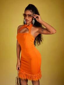 SHEIN 女士露肩中空休閒春夏裙 - 橘色 - 查看 5