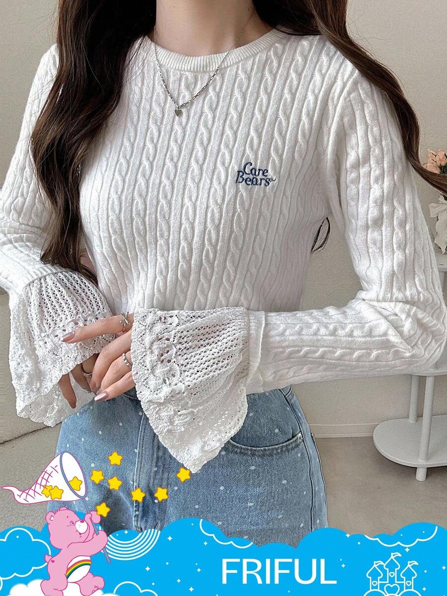 SHEIN X Care Bears FRIFUL 女式圆领喇叭袖撞色蕾丝紧身毛衣，正面有字母刺绣 - 白色 - 查看 1