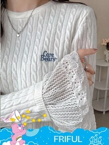 SHEIN X Care Bears FRIFUL 女式圆领喇叭袖撞色蕾丝紧身毛衣，正面有字母刺绣 - 白色 - 查看 14