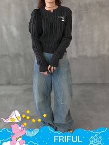 SHEIN X Care Bears FRIFUL Women's Casual Everyday Commute V-Neck Criss-Cross Tie Cartoon Embroidery Cable Knit Sweater