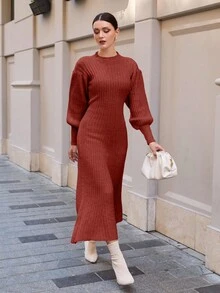 EURMUSE فستان كنزة صوفية ماكسي مفصل بأكمام بالون وخط أ - الأحمر - مشاهدة 6