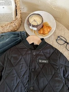 SHEIN Abrigo acolchado con botones de béisbol para niños pequeños - Negro - Ver 7