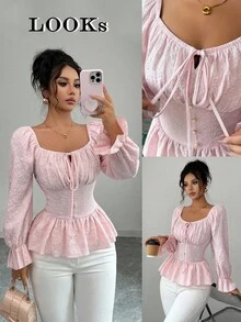 Elenzga New Women's Square Collar Long Sleeve Woven Jacquard Fabric Chest Pleated Front Bowknot Design Ruffle Hem Cinched Waist Elegant Casual Blouse, Spring/Autumn Fall Cloth For Women - Pink - View 1
