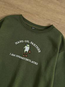 Manfinity Dauomo Felpa girocollo da uomo casual con ricamo a rana e slogan, foderata termicamente, manica lunga, adatta per autunno/inverno