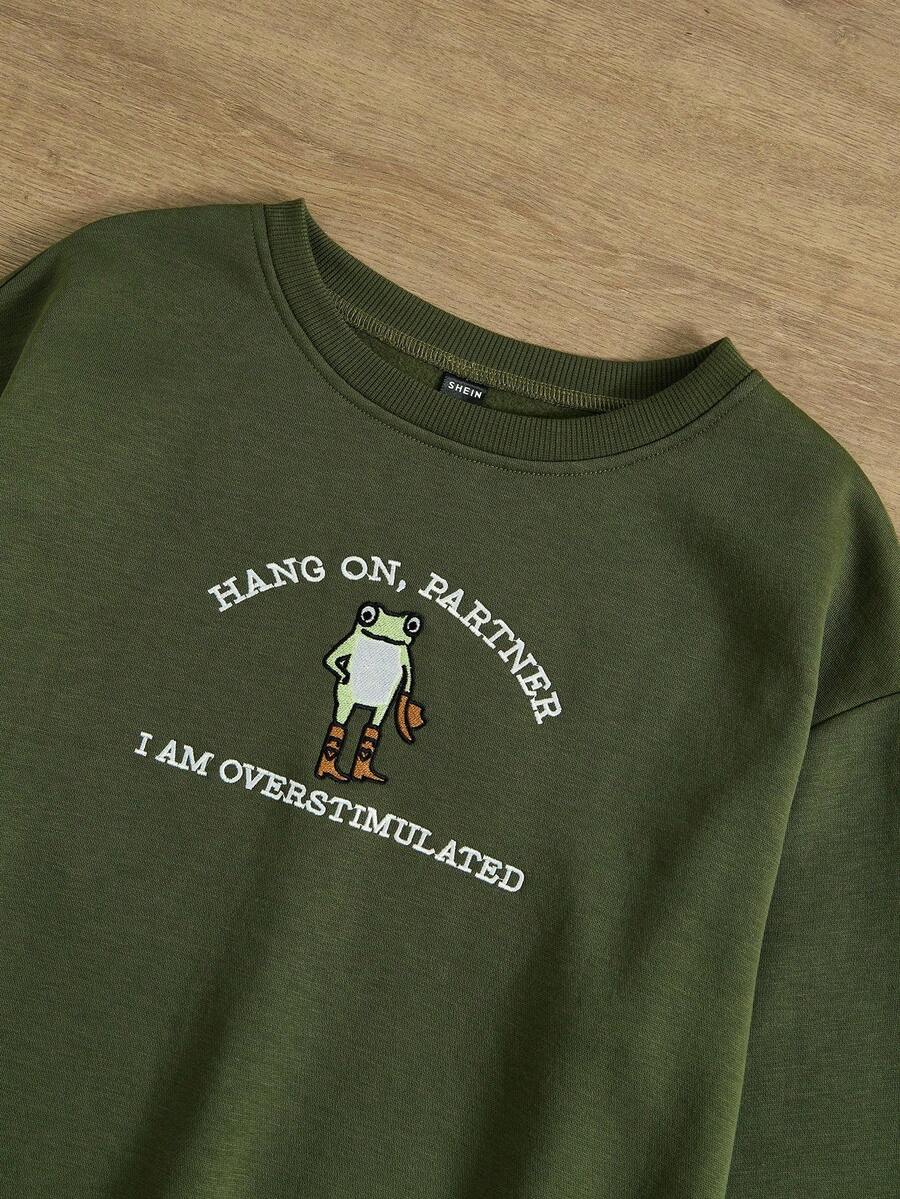 Manfinity Dauomo Felpa girocollo da uomo casual con ricamo a rana e slogan, foderata termicamente, manica lunga, adatta per autunno/inverno