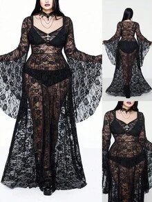 Whyspr 大码连衣裙大码秋冬女装甜心领方领泡泡袖短袖透视性感玫瑰蕾丝紧身A字拼接长裙哥特连衣裙万圣节哥特朋克 - 黑色 - 查看 1