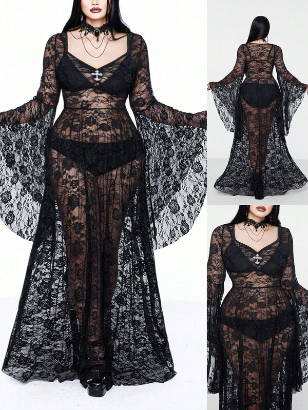 Whyspr Vestido maxi gótico de talla grande para mujer con cuello corazón, cuello cuadrado, mangas abullonadas, mangas cortas, transparente, sexy, encaje rosa, ajustado, corte evasé, estilo gótico, Halloween, punk