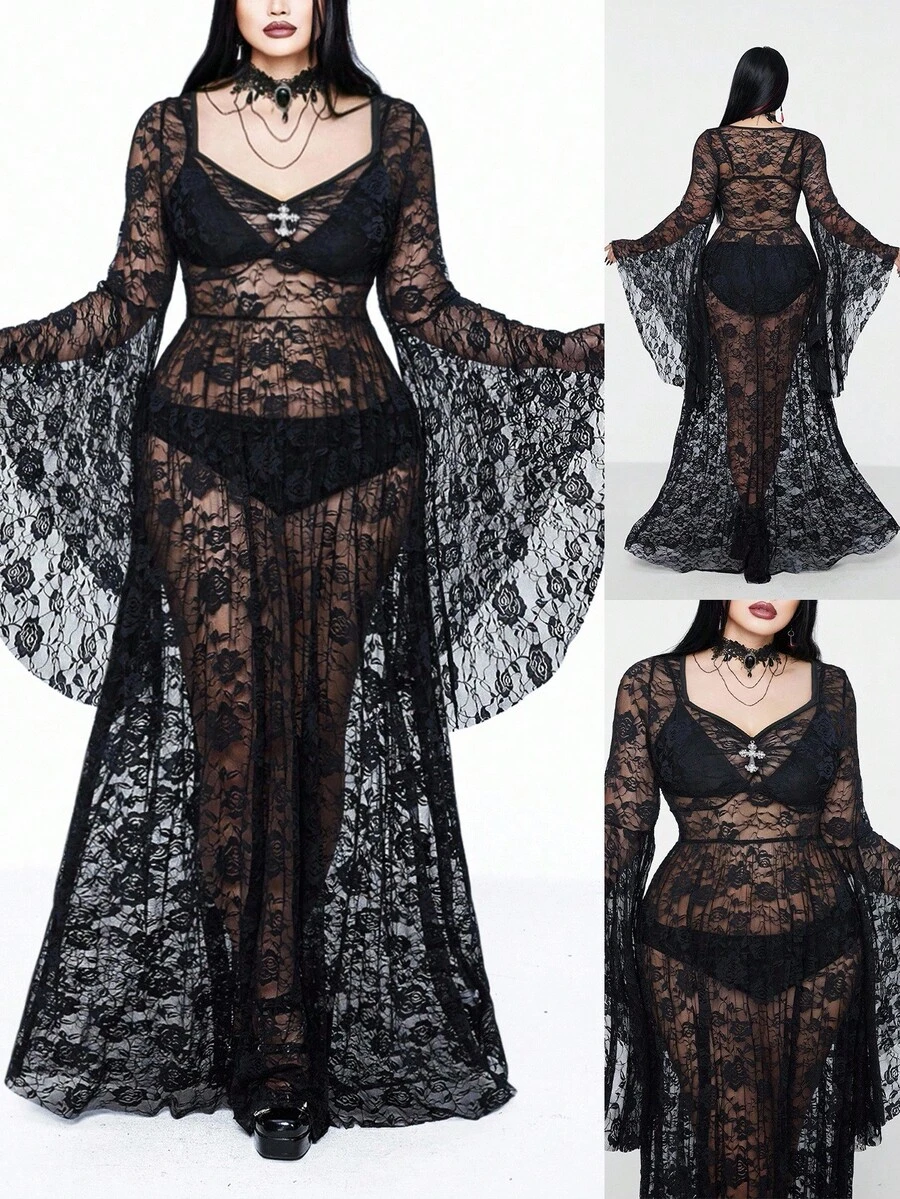 Whyspr 大码连衣裙大码秋冬女装甜心领方领泡泡袖短袖透视性感玫瑰蕾丝紧身A字拼接长裙哥特连衣裙万圣节哥特朋克 - 黑色 - 查看 1