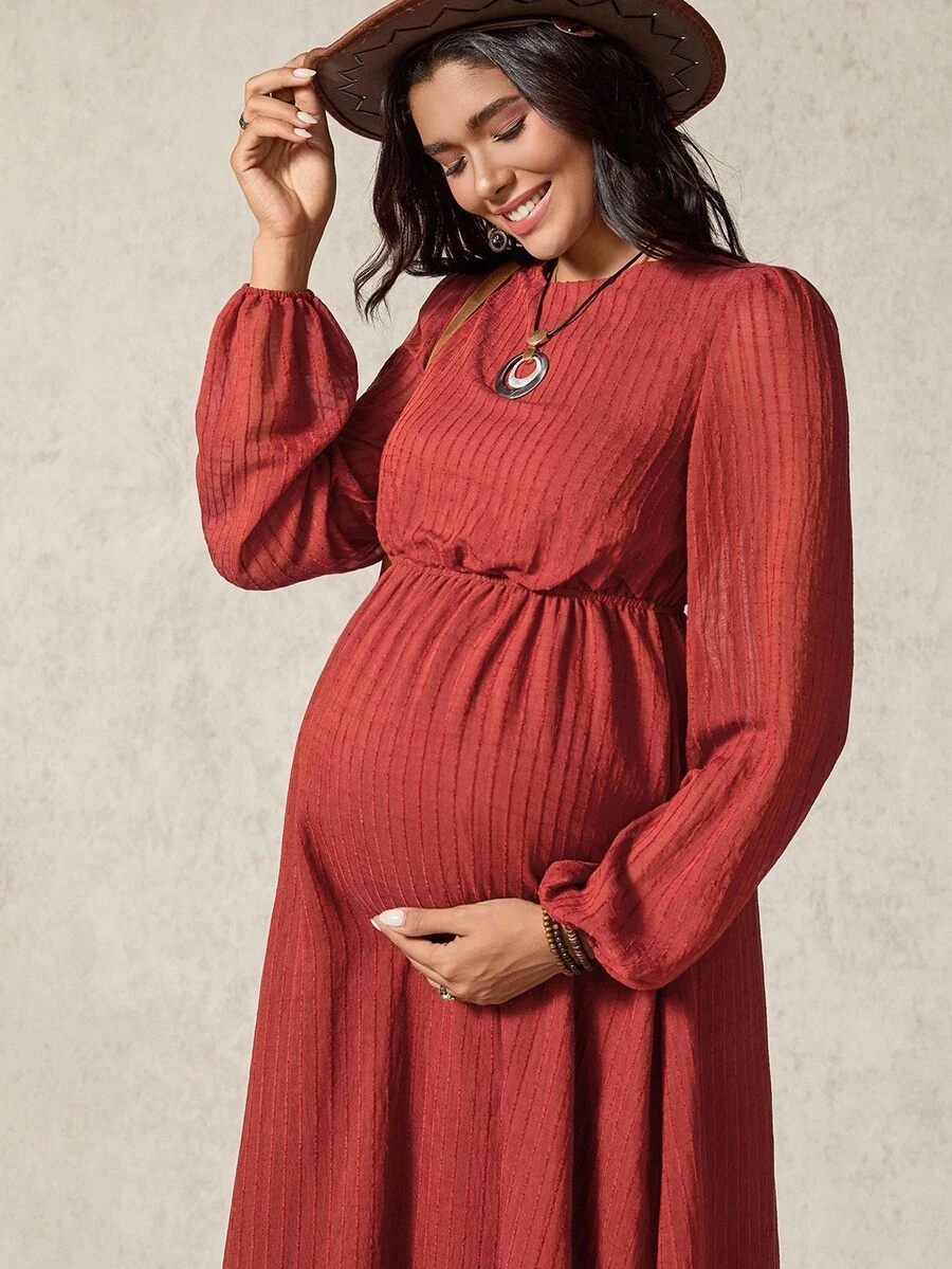 Boho Mama Maternity Solid Color Round Neck Lantern Sleeve Casual Dress - Red - View 1