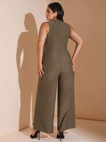 SHEIN BAE Plus Size Women's Brown Suit Set - Vest And Pants, Autumn/Winter/Early Autumn/Back To School/Going Out /Festival Outfits Women/Autumnfall/Wedding Guest Dress Women Plus Size/Formal Dresses For Women/Dresses For Women Elegant/Summer Dresses /Birthday Dress/Homecoming Dress/Off Shoulder Dress/Halloween Costume/Club Outfits Women Sexy/Christmas/Plus Size Suit/Office Set - Brown - View 6